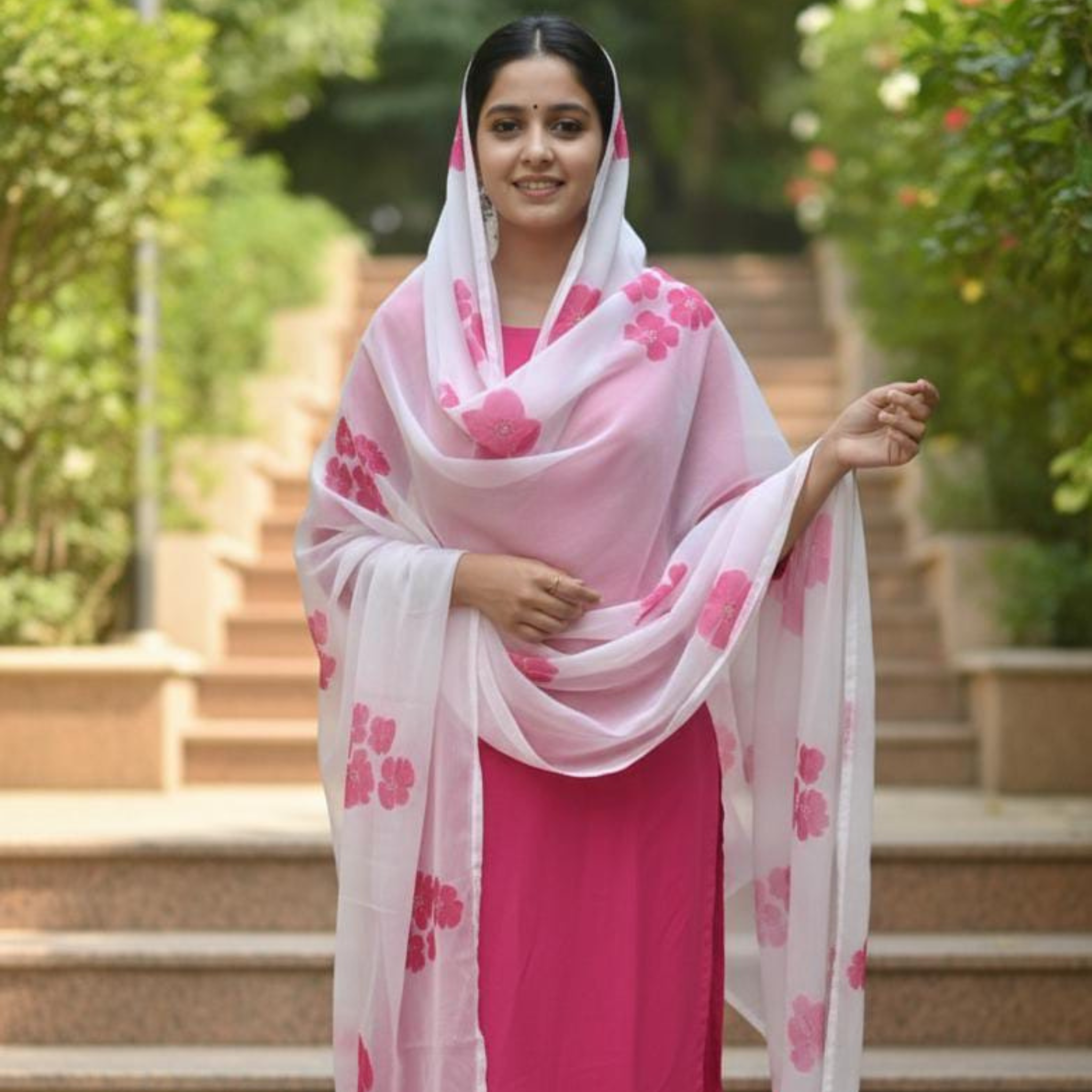 Pre- Order White Cotton Floral Dupatta with Pink Hand Block Print – Lightweight & Elegant Ethnic Stole for Women