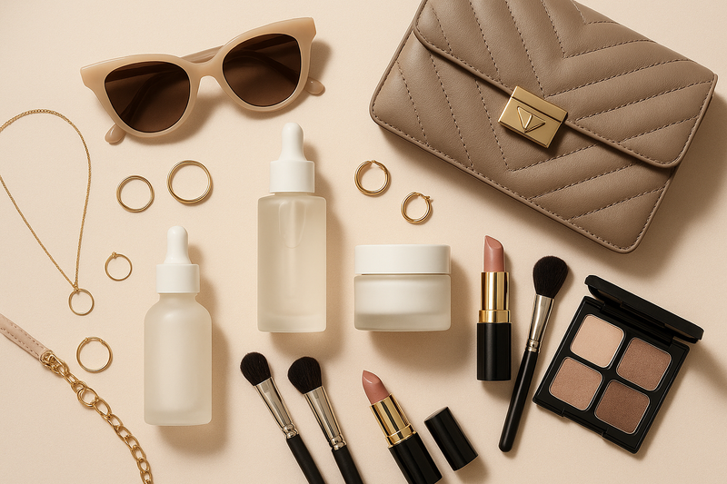 create an image of fashion accessories, skincare, and cosmetics , a model product setup , neutral or pastel bacground