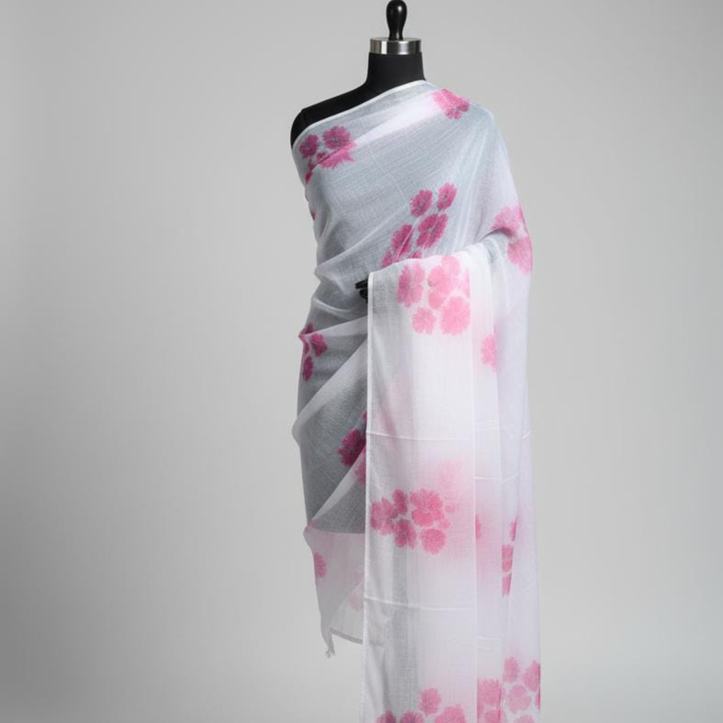 Pre- Order White Cotton Floral Dupatta with Pink Hand Block Print – Lightweight & Elegant Ethnic Stole for Women