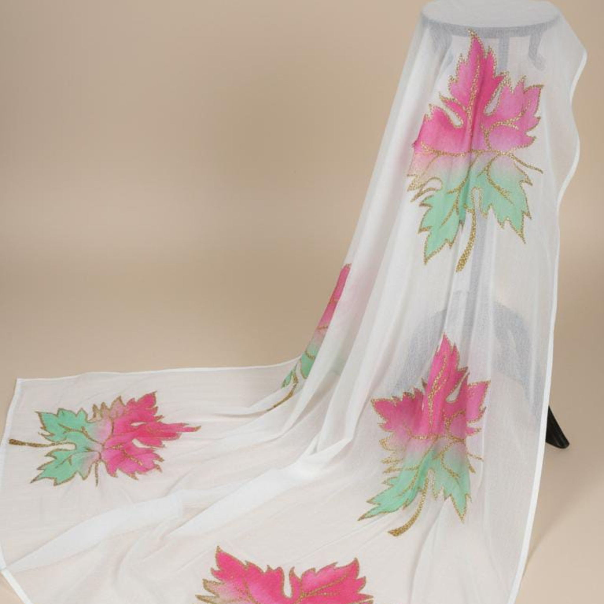 Pre-Order – Hand-Painted Organza Dupatta with Pink & Green Leaf Motif | Lightweight Festive Ethnic Stole