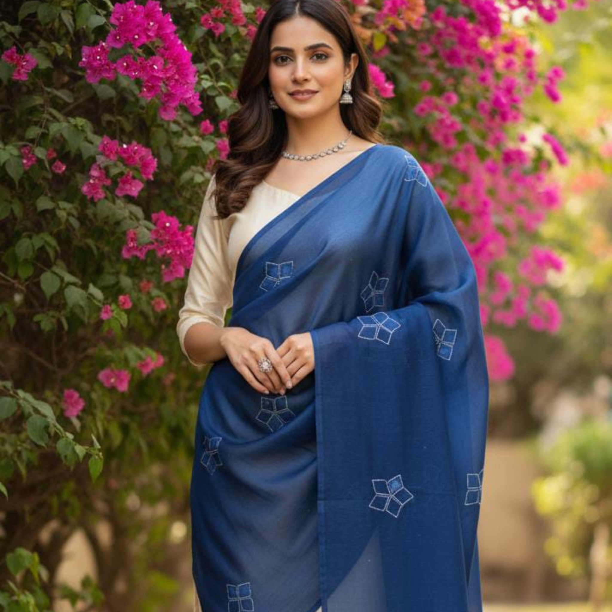 Elegant Navy Blue Silk Dupatta with Subtle Embroidered Motifs