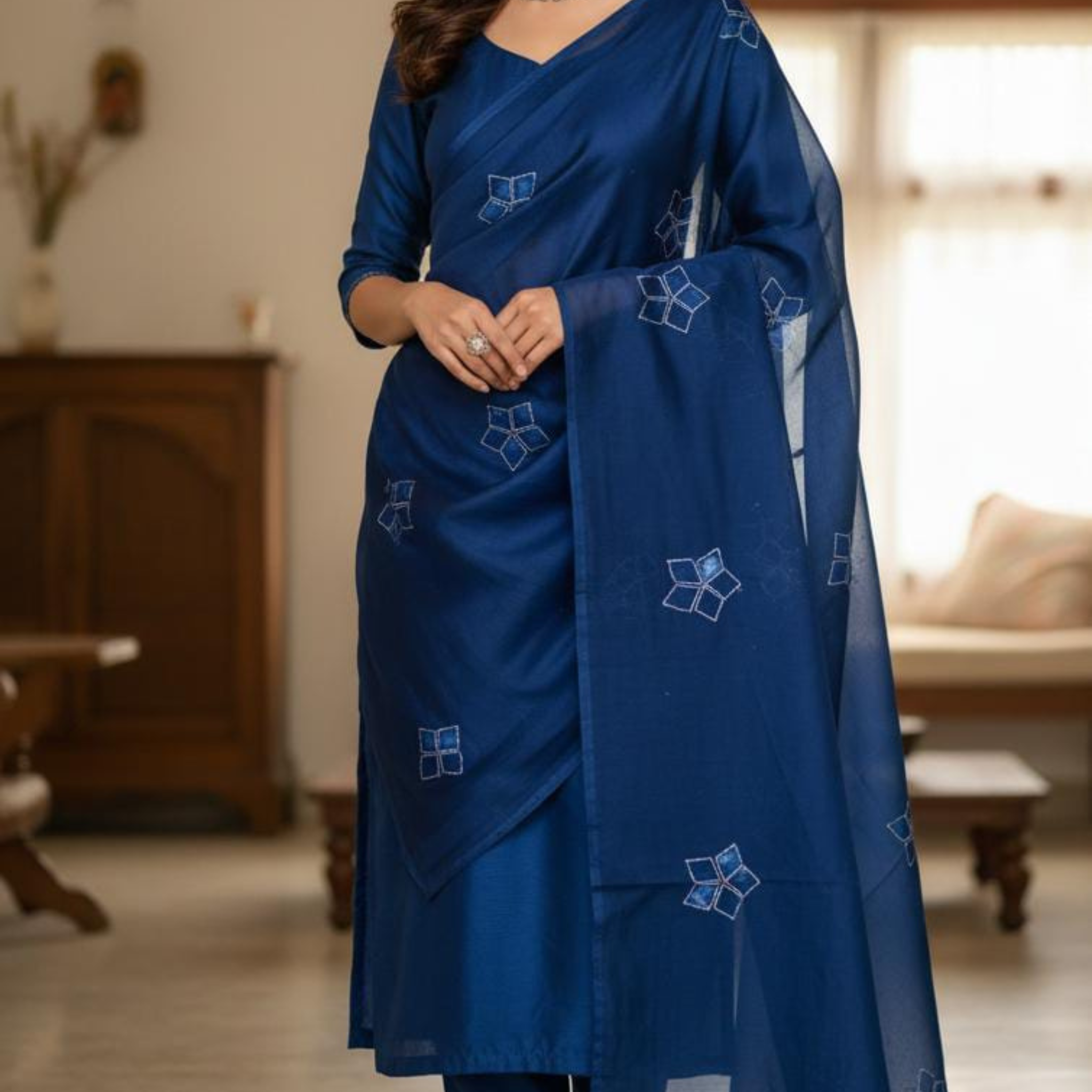Elegant Navy Blue Silk Dupatta with Subtle Embroidered Motifs