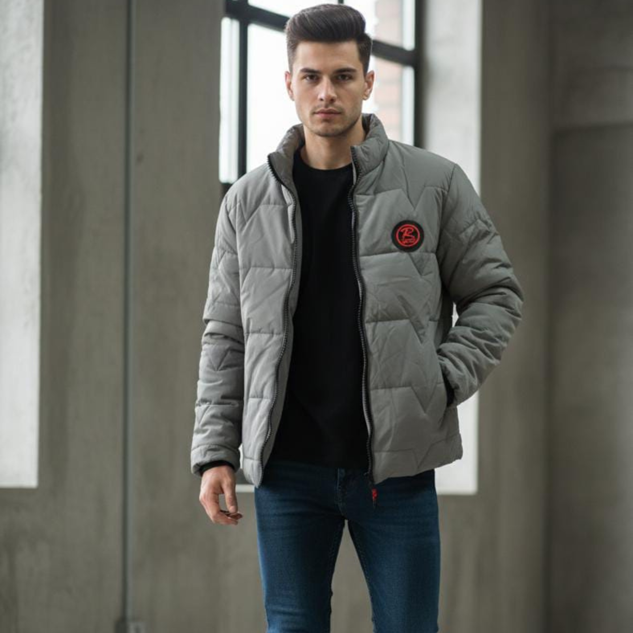 Men’s Grey Quilted Puffer Jacket Lightweight Winter Outerwear with Casual Fit